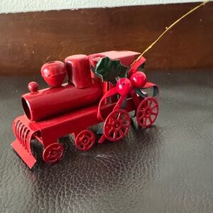 Vtg Red Metal Locomotive Train Christmas Ornament w/ Holly & Ribbon on Side